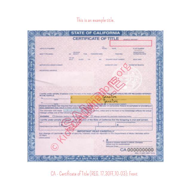 California Certificate of Title (REG 17.30FF, 10-03) Front | Kids Car Donations